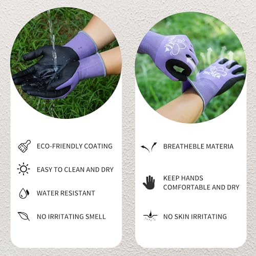 JDL 12 Pairs Nylon Nitrile Coated Gardening Gloves for Women, Touchscreen Yard Garden Gloves, Breathable Safety Work Gloves with Grip, Purple, Medium