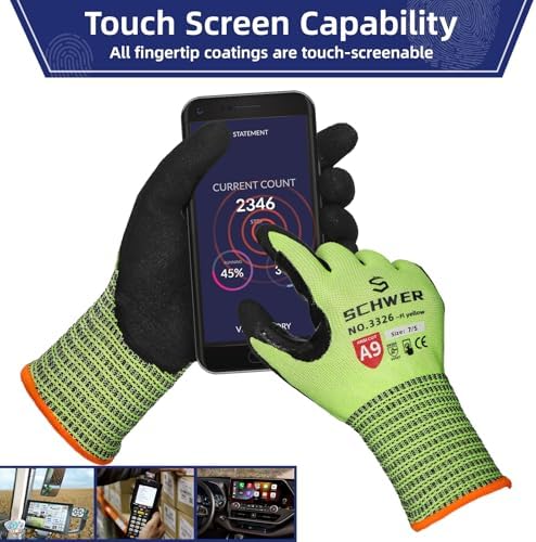 Schwer ProGuard Highest Level Cut Resistant Work Gloves PR3326 for Extreme Protection，ANSI A9 Cut Gloves with Reinforced Thumb, Non Slip, Breathable, Durable, Touch-screen, Yellow1 Pair（S）