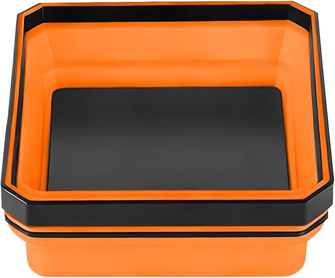 Collapsible Magnetic Car Parts Tray, Foldable Silicone Tool Tray with Magnetic Base, Double-Side Magnet Bowl for Auto Bolts, Screws, Nuts, Small Metal Parts, Universal Fit (Orange)