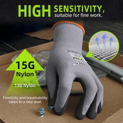 Safety Work Gloves Men, 12 Pairs Micro Foam Nitrile Coated Grip