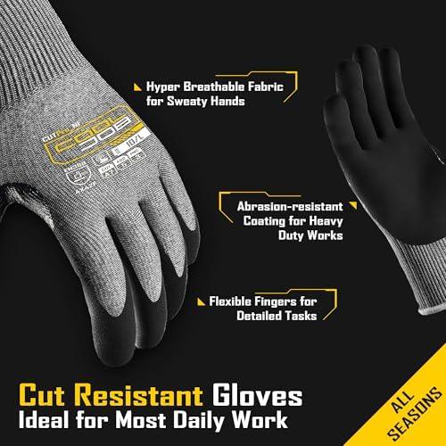 COOLJOB ANSI A7 Cut Resistant Gloves - 1/3/12 Pairs, Nitrile Rubber Dipped Safety Work Gloves with Reinforced Thumb, Non Slip, Breathable, Touchscreen, for Fishing, Gardening, Grey Xlarge