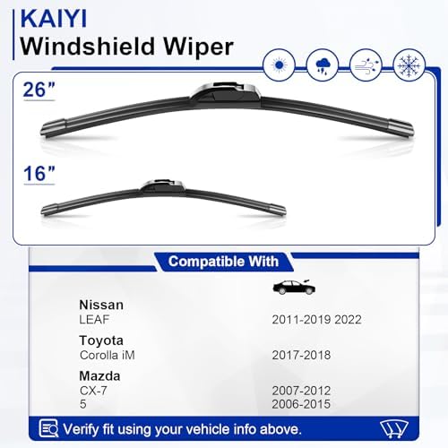 KAIYI 26" + 16" Windshield Wipers Compatible with Nissan LEAF 2011-2019 2022,Toyota Corolla iM 2017-2018,Mazda CX-7 2007-2012,5 2006-2015 Premium Automotive Replacement Windshield Wiper Blades 2 Pack