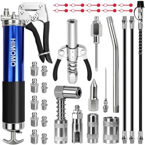 Mini Grease Gun, 7000 PSI Heavy Duty Pistol Grip Grease Gun Kit with 14 oz Capacity, Small Grease Gun Double Handle Coupler with 14" & 12" Flex Hoses, Grease Adaptor, Nozzle and Grease Needle