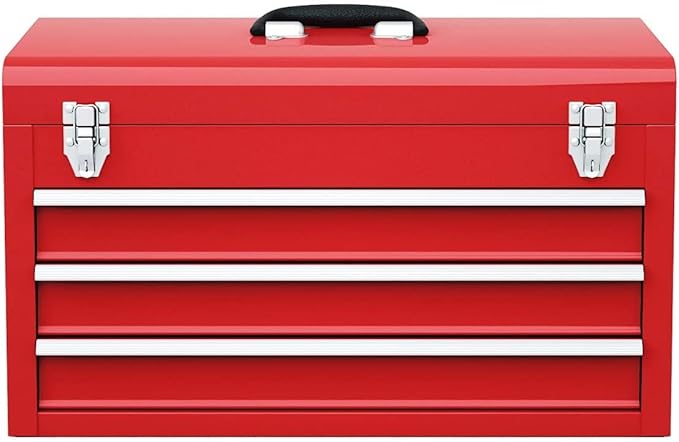 Giantex Portable Steel Tool Box, 20.5'' Toolbox w/ 3 Drawers & Top Storage Tray, Tool Storage Chest w/Double Latch System, Ball Bearing Drawer Slides, EVA Liners & Carrying Handle, Red