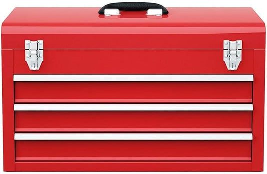Giantex Portable Steel Tool Box, 20.5'' Toolbox w/ 3 Drawers & Top Storage Tray, Tool Storage Chest w/Double Latch System, Ball Bearing Drawer Slides, EVA Liners & Carrying Handle, Red