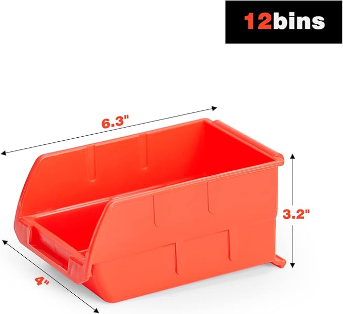 Ultrawall Wall Mounted Storage Bins, Plastic Hanging Storage Organizer Bins, Garage Tool Storage System for Screws, Nuts, Bolts, Nails, and Small Hardware Parts, 12x bins & 3 x rails, Orange