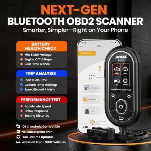 ANCEL BD310 Bluetooth OBD2 Scanner, 2-in-1 Car Diagnostic Scan Tool & Code Reader with App, Battery Test, Trip Analysis, Performance Test, for iPhone & Android, All 1996+ Vehicles