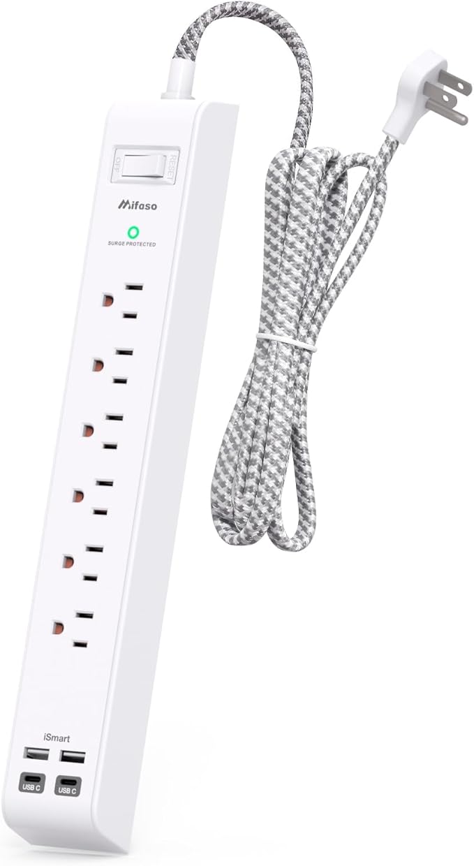Surge Protector Power Strip - 6 Outlets 4 USB Charging Ports, 5Ft Braided Extension Cord, Flat Plug, Overload Protection, Wall Mount for Home Office, Dorm Room Essentials