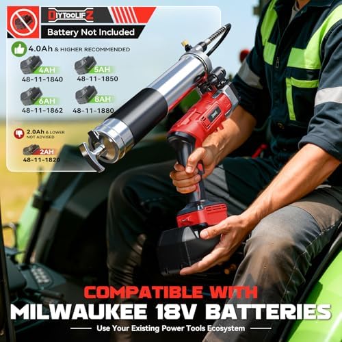 DIYtoolifz Cordless Grease Gun Compatible with Milwaukee 18V Battery, 12000PSI High-Pressure with 2-in-1 Rotating Handle, 39.4" Hose & 4 Couplers for Bulk & Cartridge Grease (Tool Only)