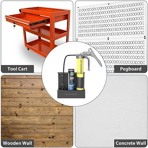 UNITEDPOWER Grease Gun Holder, Wall Mount Grease Gun Storage Rack, Organizer for Workshop, Shop, Garage with Removable Drip Cups & Spare Cartridge Holder
