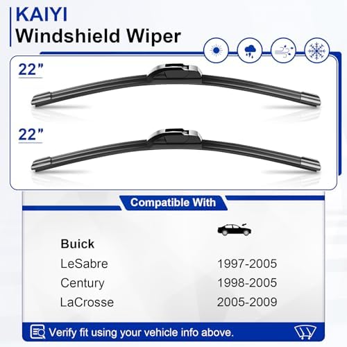 KAIYI 22" + 22" Windshield Wipers Compatible with Buick LeSabre 1997-2005,Century 1998-2005,LaCrosse 2005-2009 Premium Automotive Replacement Windshield Wiper Blades 2 Pack