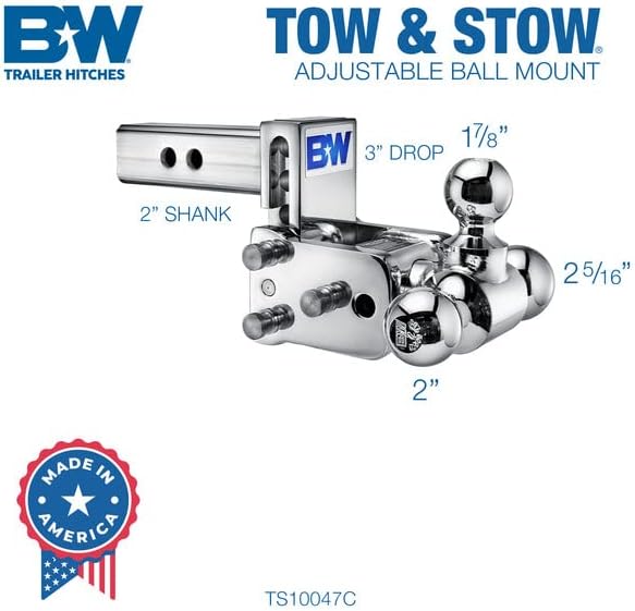 B&W Trailer Hitches Chrome Tow & Stow Adjustable Trailer Hitch Ball Mount - Fits 2" Receiver, Tri-Ball (1-7/8" x 2" x 2-5/16"), 3" Drop, 10,000 GTW - TS10047C