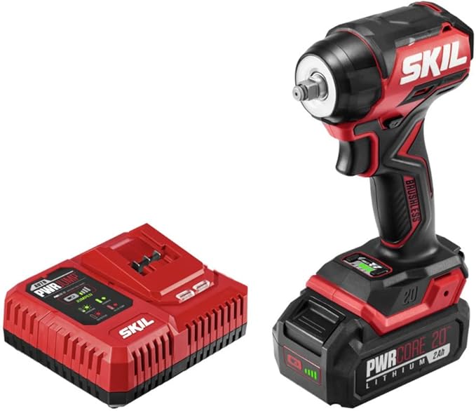 SKIL PWR CORE 20 Brushless 20V 3/8-Inch Compact Impact Wrench Kit with 3-Speed & Halo Light, Includes 2.0Ah Battery and PWR Jump Charger - IW6739B-10