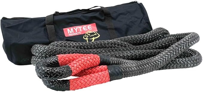 Mytee Products 7/8" x30' Kinetic Recovery Rope w/Velcro Strap & Tote Bag - 28,600 LBS Red & Black - Heavy Duty Kinetic Energy Tow Rope - Offroad Snatch Strap for Truck, SUV, UTV, ATV, Car, Tractor