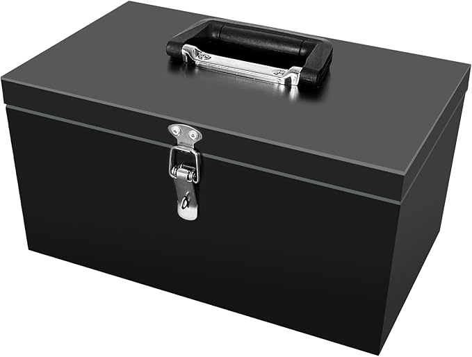 Peastorm Small Steel Metal Tool Box, Lockable Storage Box for Storing Valuable Items, Office Documents, Garage Tools (12" Black)