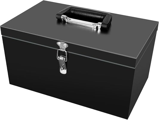 Peastorm Small Steel Metal Tool Box, Lockable Storage Box for Storing Valuable Items, Office Documents, Garage Tools (12" Black)