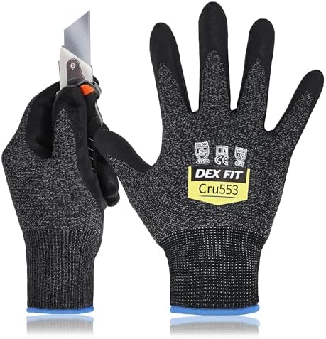 DEX FIT Level 5 Cut Resistant Gloves Cru553 Anti-Static, 3D Comfort Fit A5 Safety Work Gloves with Grip, Thin Touchscreen Gloves for Warehouse, Package Handling, Glass Handling, BlackGray, L, 12 Pairs