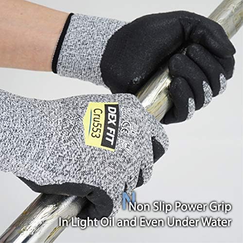 DEX FIT Level 5 Cut Resistant Gloves Cru553 Anti-Static, 3D Comfort Fit A5 Safety Work Gloves with Grip, Thin Touchscreen Gloves for Warehouse, Package Handling, Glass Handling, Gray, L, 3 Pairs