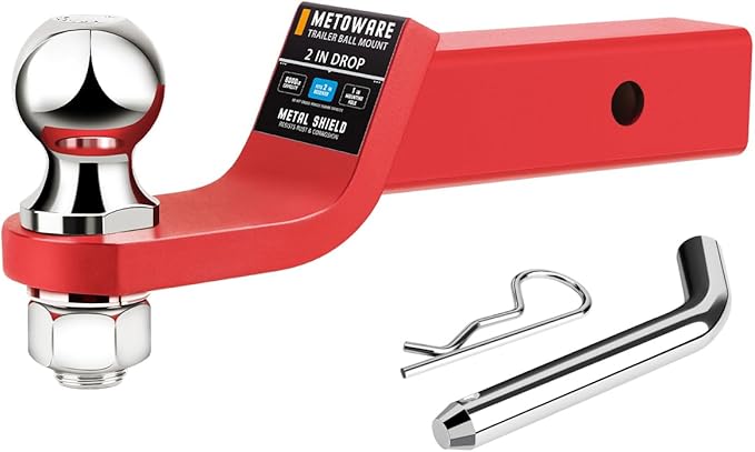 METOWARE Trailer Hitch Ball Mount, 2" Drop Hitch with 2" Ball, 6,000 lbs GTW Fits 2" Receiver for Truck SUV Boat RV, Solid Steel Towing Kit with Hitch Pin & Clip, Matte Victory Red