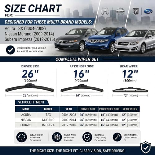 AERO Wipers Replacement for Acura TSX 2008-2004 Nissan Murano 2014-2009 Subaru Impreza 2016-2012, 26"+16" Front + 12" Rear, Windshield Wiper Blades with Extra Refills + 1-Year Warranty