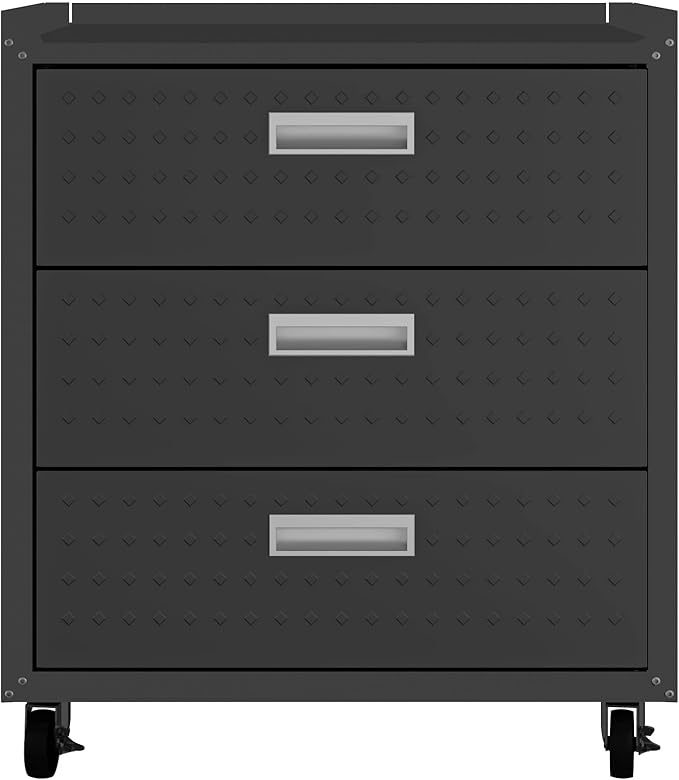 Manhattan Comfort Fortress 31.5-Inch Rolling Garage Tool Chest, 3-Drawer Lockable Mobile Storage Cabinet, Diamond-Textured Steel Utility Organizer with Wheels for Basement, Workshop in Charcoal Grey
