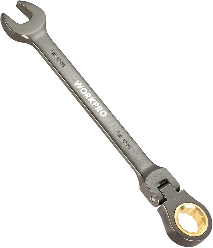 WORKPRO 19 mm Flex-Head Ratcheting Combination Wrench, Cr-V Constructed, Nickel Plating, 72-Teeth, 12 Point Design, Metric