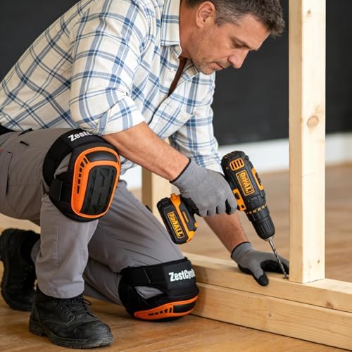 Professional Knee Pads for Work, Heavy Duty Comfortable Foam Gel Knee Pads with Strong Stretchable Straps for Construction, Flooring, Gardening and Cleaning (Orange)