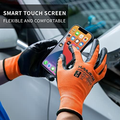 MANUSAGE Safety Work Gloves Nitrile For Men and Women, with Touchscreen Fingers, Men's Work Gloves with Grip, Mechanics Gloves (Size XL, Orange, 6-pairs)