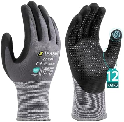 DULFINE Anti-slip 12 Pairs Pack Work Gloves for Men and Women Grey S