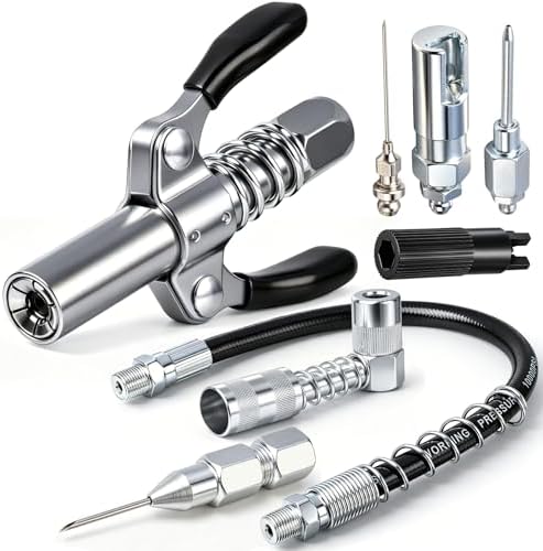 Grease Gun Accessory Kit, Heavy Duty Grease Gun Tips Fittings Coupler 90 Degree Grease Gun Coupler Hose Zerk Fitting Cleaner Grease Needle Nozzles Filling Nozzle and Grease Tip–Complete Set for Auto