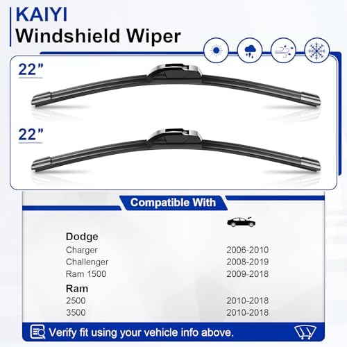 KAIYI 22" + 22" Windshield Wipers Compatible with Dodge Ram 1500/2500/3500 2010-2018,Challenger 2008-2019,Charger 2006-2010 Premium Automotive Replacement Windshield Wiper Blades 2 Pack