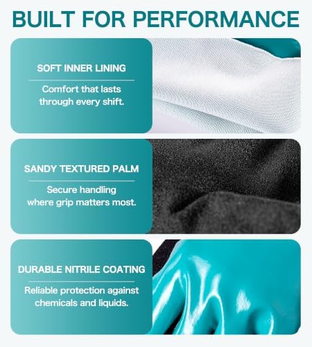 JDL Heavy-Duty Nitrile Chemical Gloves with Nylon Lining, Black Sandy Finish, Reusable Rubber Work Gloves, Acid/Alkali/Oil Protection, Non-Slip, Medium