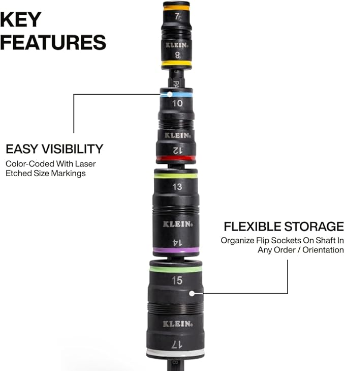 Klein Tools 32934M Impact Driver, 8-in-1 Metric Socket Set, 4 Flip Sockets with 7, 8, 10, 12, 13, 14, 15 and 17mm Nut Driver Sizes, Impact Rated 6-1/2-Inch Shaft