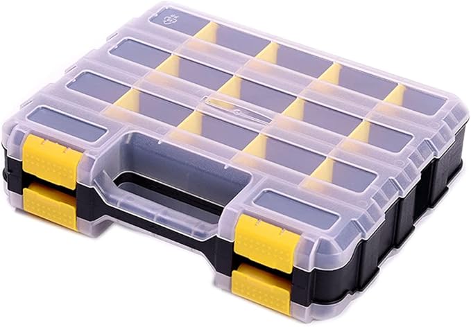 Hardware Organizer Box 34 Compartments Small Parts Organizer with Removable Dividers Durable Plastic Double Side Tools Box Screw Organizer For Nuts, Bolts, Screws, Nails, Small Hardware (Yellow)