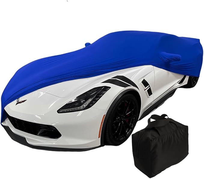 C7 Corvette Indoor Car Cover - Custom Fit Ultraguard Stretch Satin Dust Proof, High End with Storage Bag for 2014-2019 Stingray, Z51, Z06, Grand Sport Corvettes (Blue)
