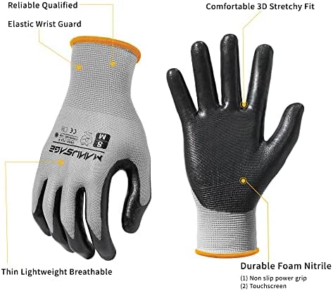 MANUSAGE Safety Work Gloves, 3D Comfort Stretch Fit, Powerful Grip, Touchscreen, Durable Smooth Nitrile Coated, Flexible, Lightweight, Machine Washable, Size-XL Grey 24 Pairs