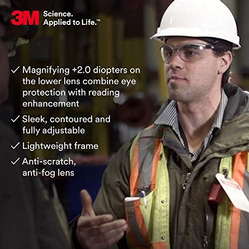3M Safety Glasses, BX Readers, +2.0, Anti-Fog Clear Lens, Silver Frame