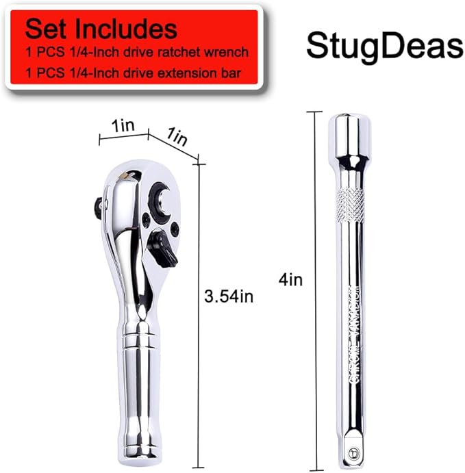 1/4-Inch Drive Ratchet Wrench, 72-Tooth Stubby Quick-Release Socket Wrench with a Extension Bar(4 inch), Reversible Switch, Chrome Alloy Made, Full-Polished Chrome Plating