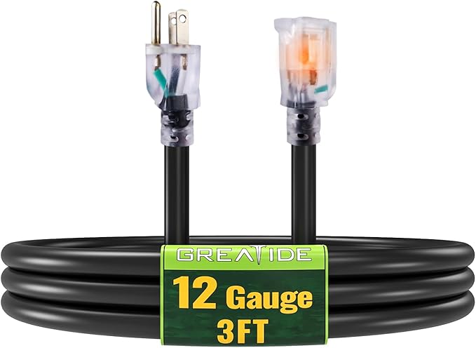 Indoor Extension Cord with Lighted End, 12 Gauge Heavy Duty Extension Cord 3 FT, 3 Prong Grounded 15 Amp Extension Cord, 12/3 SJTW Power Cord for Garage, Garden, Appliance, UL Listed, Black