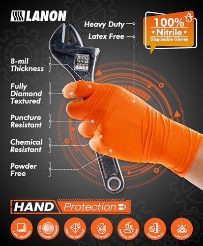 LANON 8mil Orange Disposable Nitrile Gloves, Mechanic, Heavy Duty, Food Safe, Latex Free, Powder Free, Fully-Diamond Textured, XXL