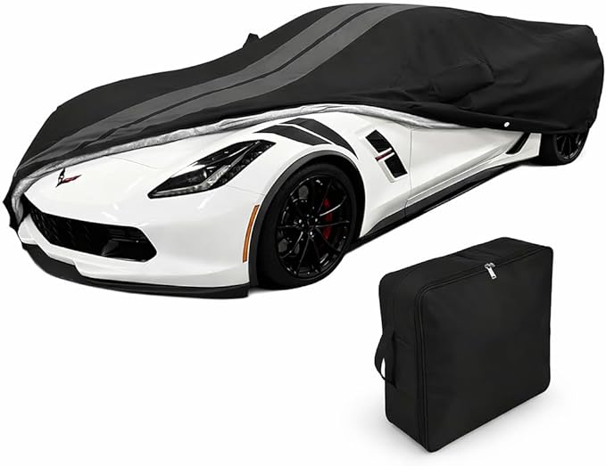 SR1 Performance USA C7 Corvette Car Cover - Custom Fit Indoor/Outdoor UV & Rain Protection - Ultraguard 300 Denier High End for 2014-2019 Stingray, Z51, Z06, Grand Sport (Black with Gray Stripes)