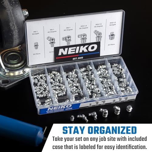 NEIKO 50466A Grease Fitting Assortment, 110 Piece, Metric, Straight & Angled Zerk Grease Fittings Kit, Zinc Plated A3 Steel, for Angled Grease Guns, Mechanical Component Lubrication, M6-1 and M10-1.5