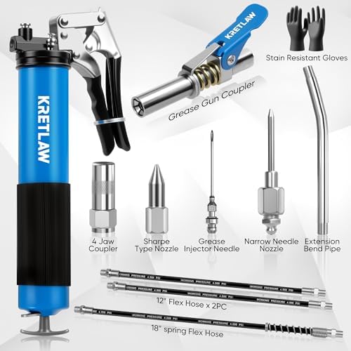 KRETLAW Grease Gun, 7000 PSI Heavy Duty Professional Pistol Grip Grease Gun Kit 14 OZ with Coupler, Double Grease Injector Needles, 18" & 2pc 12" Flex Hoses and Reinforced Glove