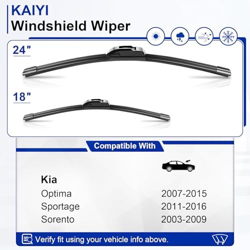 KAIYI 24" + 18" Windshield Wipers Compatible with Kia Optima 2007-2015,Sportage 2011-2016,Sorento 2003-2009 Premium Automotive Replacement Windshield Wiper Blades 2 Pack