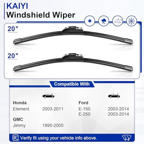 KAIYI 20" + 20" Windshield Wipers Compatible with Honda Element 2003-2011,GMC Jimmy 1995-2005,Ford E-150/E-250 2003-2014 Premium Automotive Replacement Windshield Wiper Blades 2 Pack