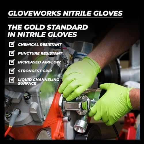 GLOVEWORKS HD Green Gloves, 8 Mil, Disposable, Heavy Duty Raised Diamond Grip, Latex Free, Mechanic Glove, XL, Case of 1000