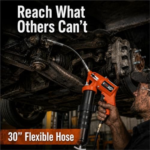 K Tool International XD73901 Pneumatic Grease Gun, Pistol Grip with 30" Flexible Hose and Coupler, Angled Ergonomic Design, Bulk Loader Head with Air Bleeder, 14 oz Cartridge or 500 cc Bulk Fill