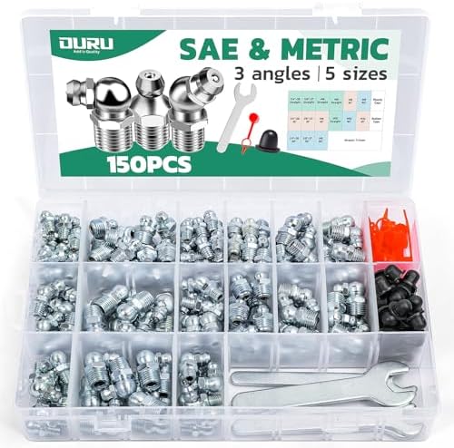 OURU 150PCS Grease Fittings Assortment Kit, SAE & Metric with Caps & Wrench