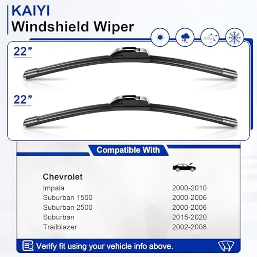 KAIYI 22" + 22" Windshield Wipers Compatible with Chevrolet Impala 2000-2010,Suburban 2000-2006 2015-2020,Trailblazer 2002-2008 Premium Automotive Replacement Windshield Wiper Blades 2 Pack