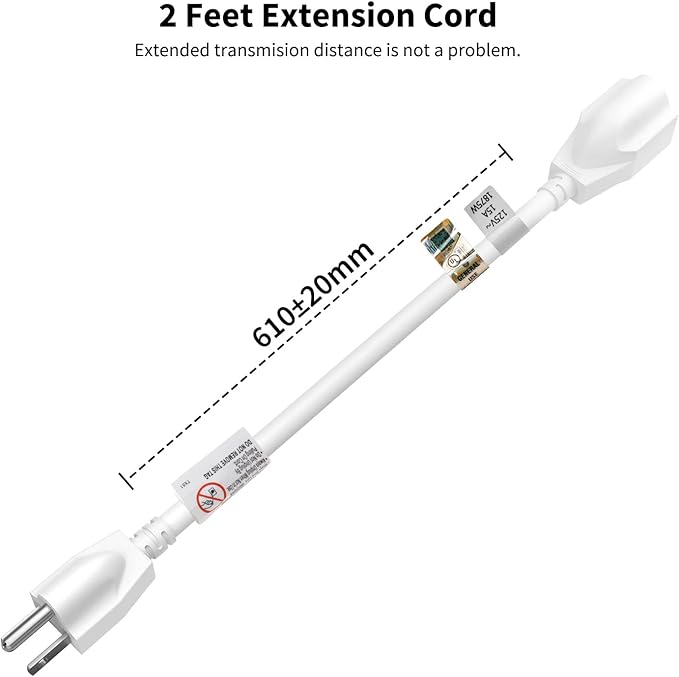 FIRMERST 15 Amp 2 Feet 3 Prong Extension Cord 14 Gauge 1875W White, UL Listed